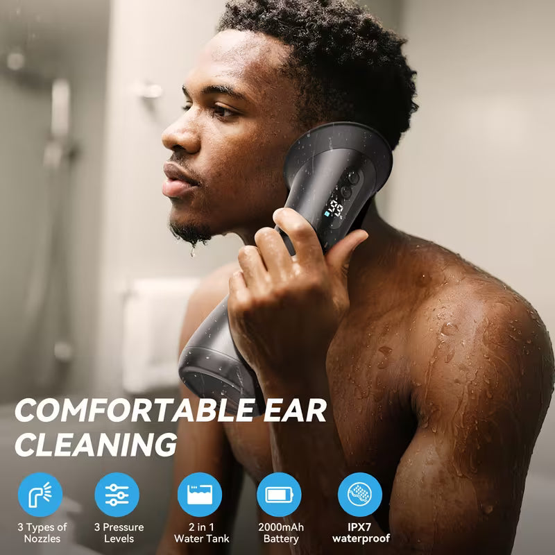 جهاز VMED تنظيف الأذن الكهربائي الذكي – شاشة LED، خزان مياه مدمج، قابل للشحن، 3 مستويات ضغط، مقاوم للماء