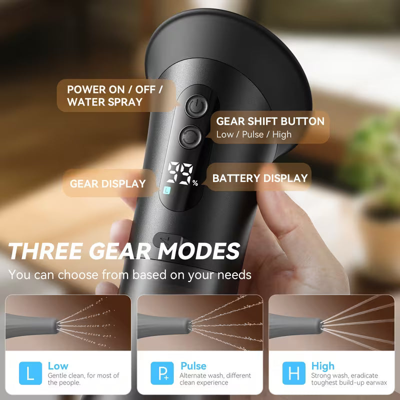 جهاز VMED تنظيف الأذن الكهربائي الذكي – شاشة LED، خزان مياه مدمج، قابل للشحن، 3 مستويات ضغط، مقاوم للماء - Vstorat